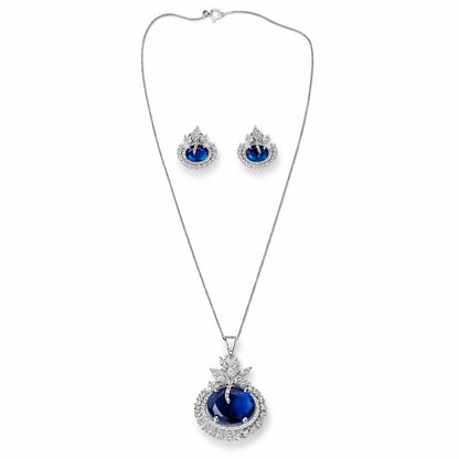 Blue Sapphire Cubic Zirconia American Diamond Silver Plated Pendant Set