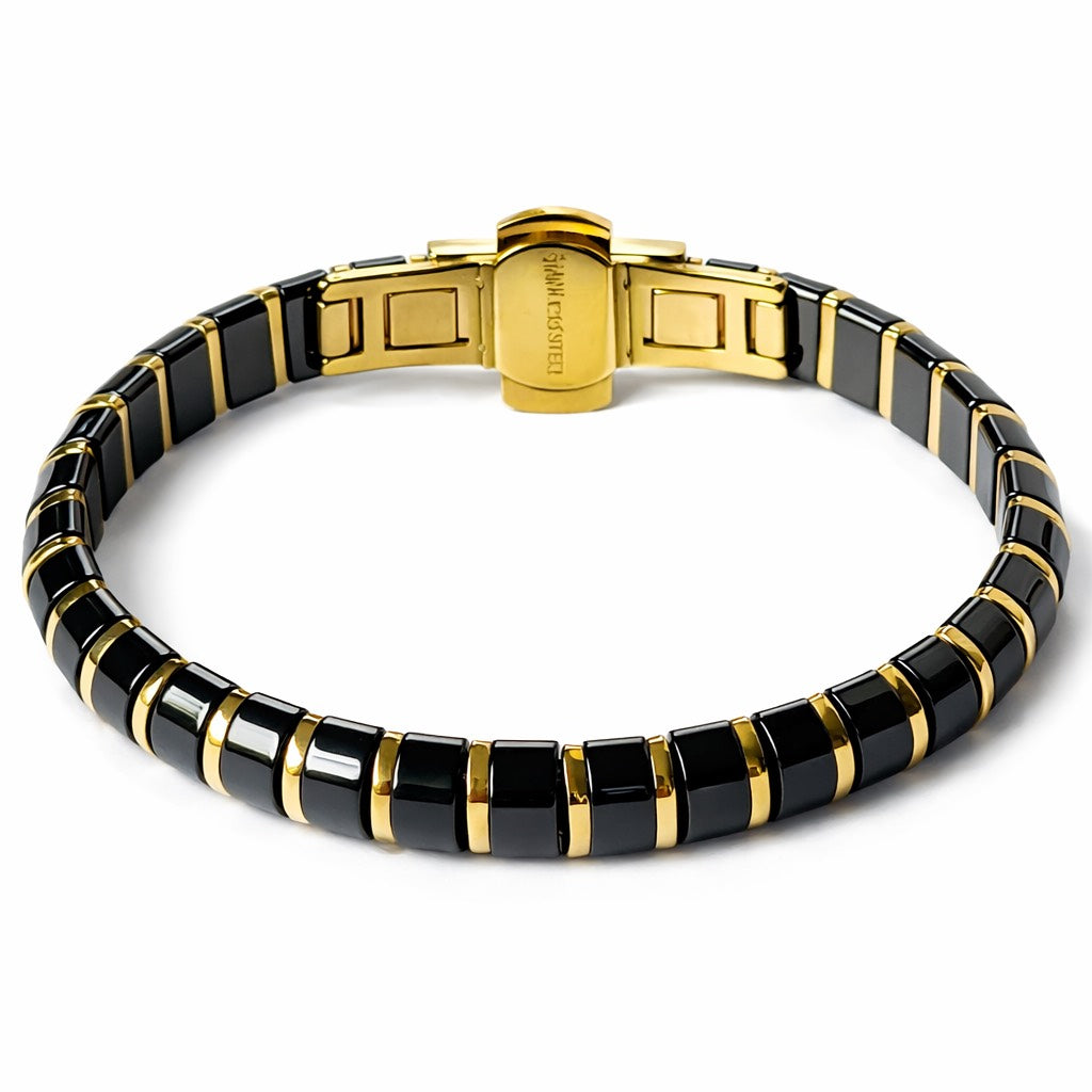 Black & Gold Cubic Zirconia American Diamond Ceramic Stainless Steel Bracelet