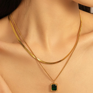 Green Emerald Gold Plated Stainless Steel Necklace