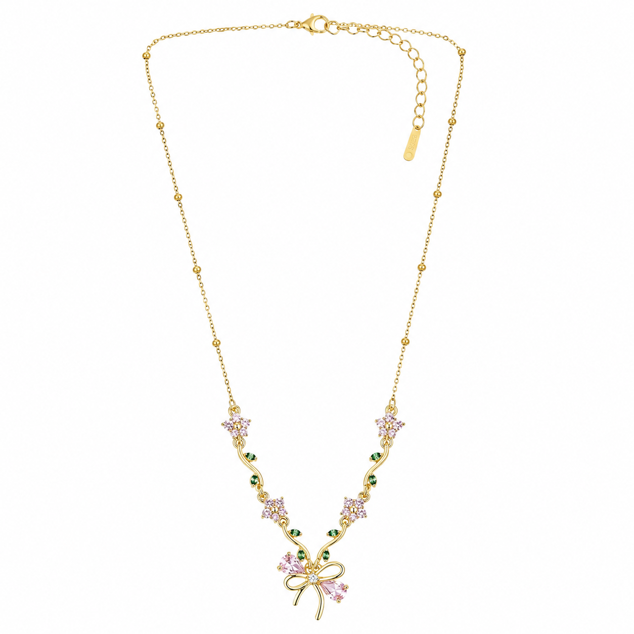 Green Emerald & Pink Topaz Cubic Zirconia Bow Design American Diamond Gold Plated Stainless Steel Necklace