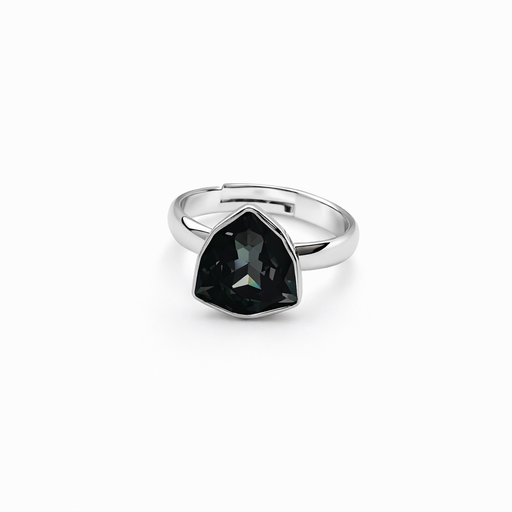 Black Morion Swarovski Crystal Silver Plated Adjustable Ring