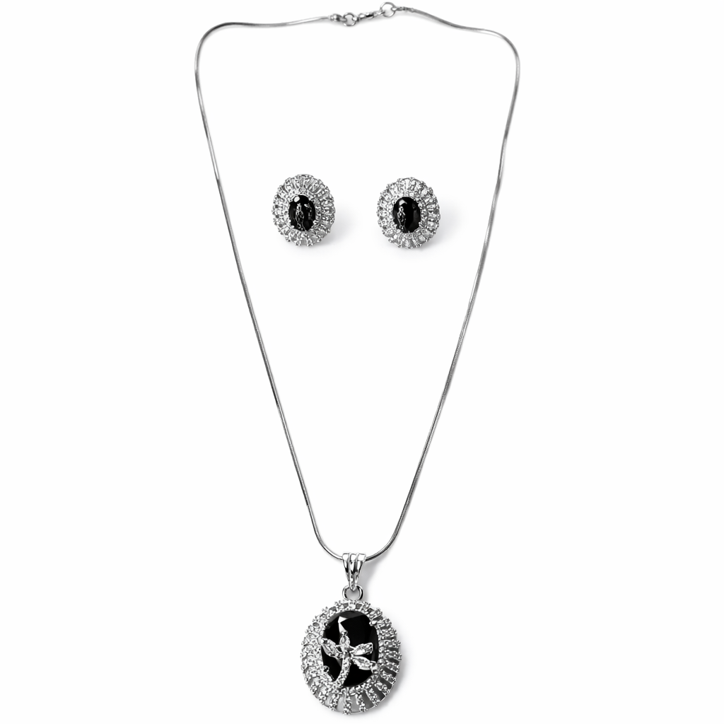 Black Cubic Zirconia American Diamond Silver Plated Pendant Set