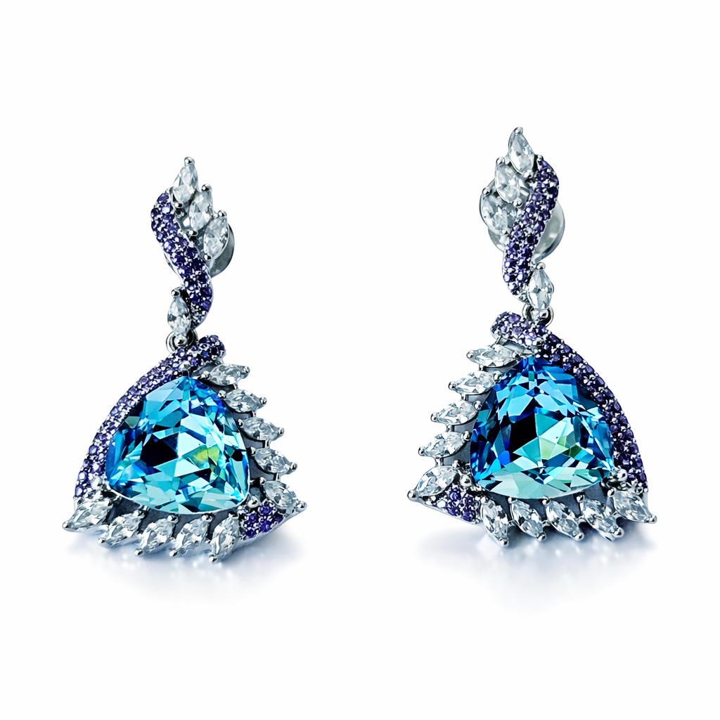 Indian Light Blue Sapphire Swarovski Crystal & Blush Purple American Diamond Silver Plated Earrings