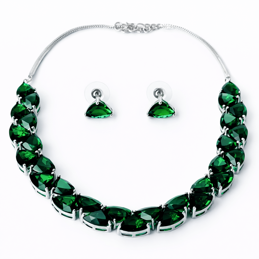 Green Emerald Cubic Zirconia American Diamond Silver Plated Necklace Set