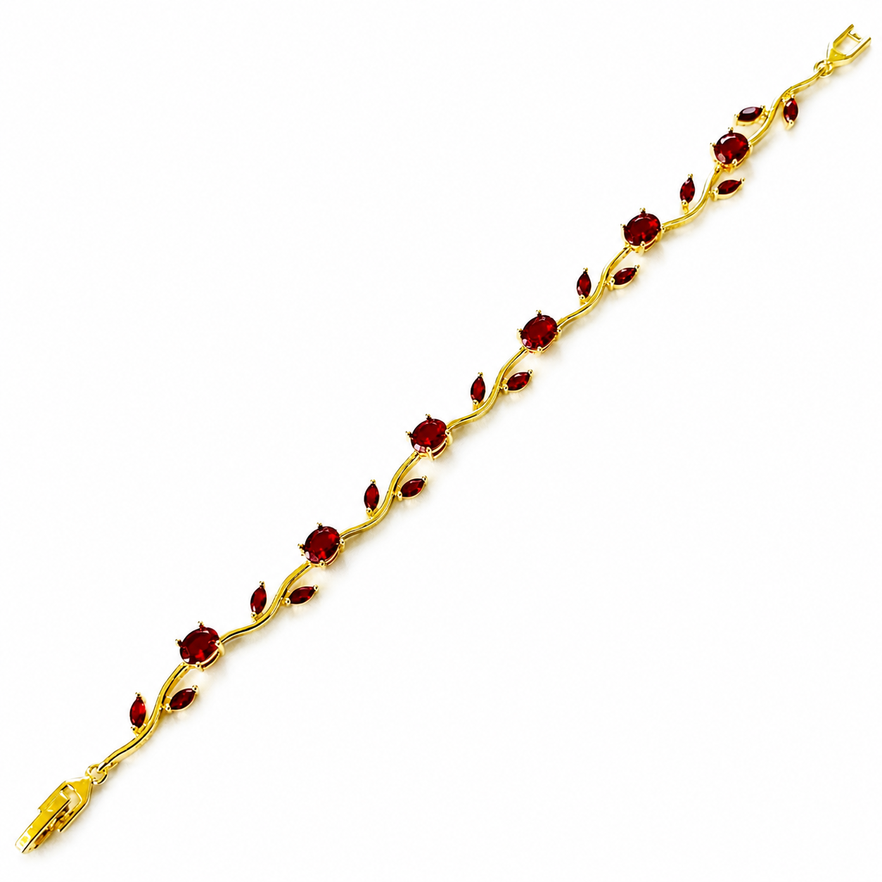 Red Ruby Cubic Zirconia Tulip Design American Diamond Gold Plated Stainless Steel Bracelet