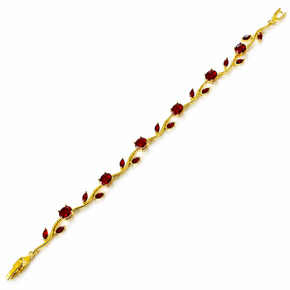Red Ruby Cubic Zirconia Tulip Design American Diamond Gold Plated Stainless Steel Bracelet