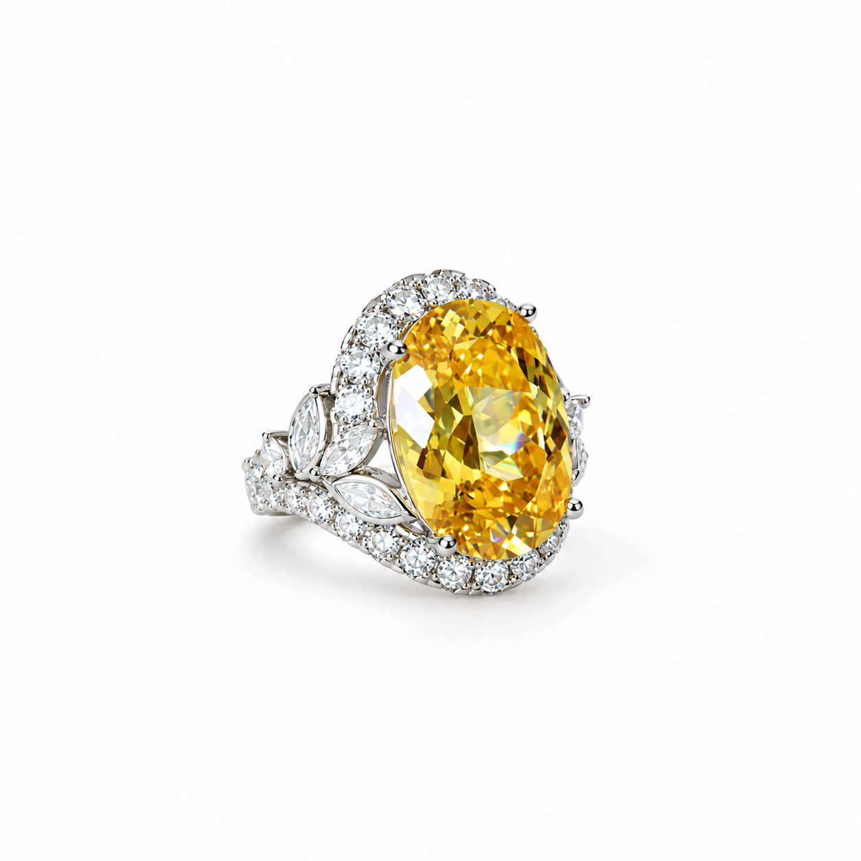 Yellow Topaz Cubic Zirconia Ice Cut American Diamond Silver Plated Adjustable Ring
