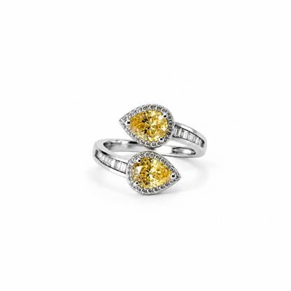 Yellow Topaz Cubic Zirconia Ice Cut American Diamond Silver Plated Adjustable Ring