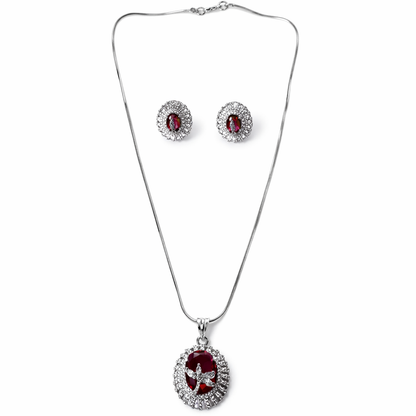 Red Ruby Cubic Zirconia American Diamond Silver Plated Pendant Set