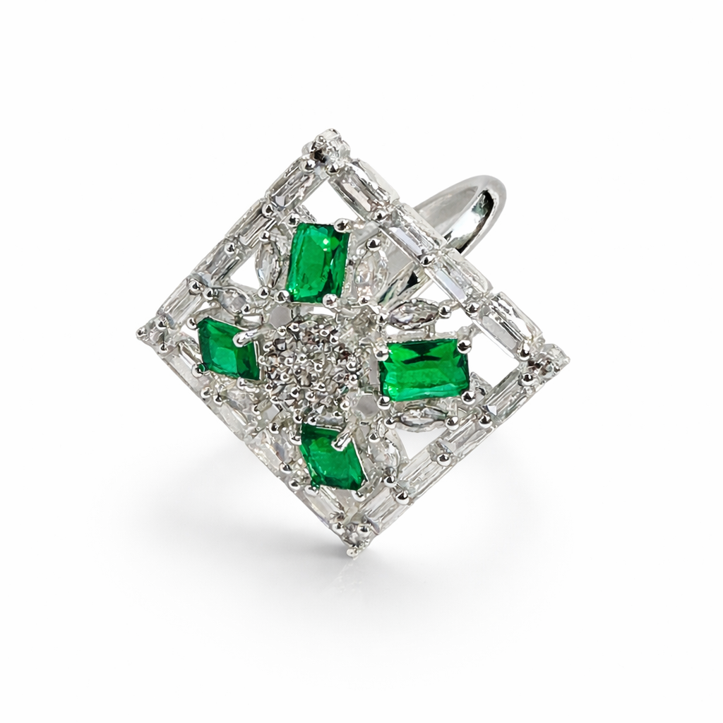 Green Emerald Cubic Zirconia American Diamond Silver Plated Adjustable Ring