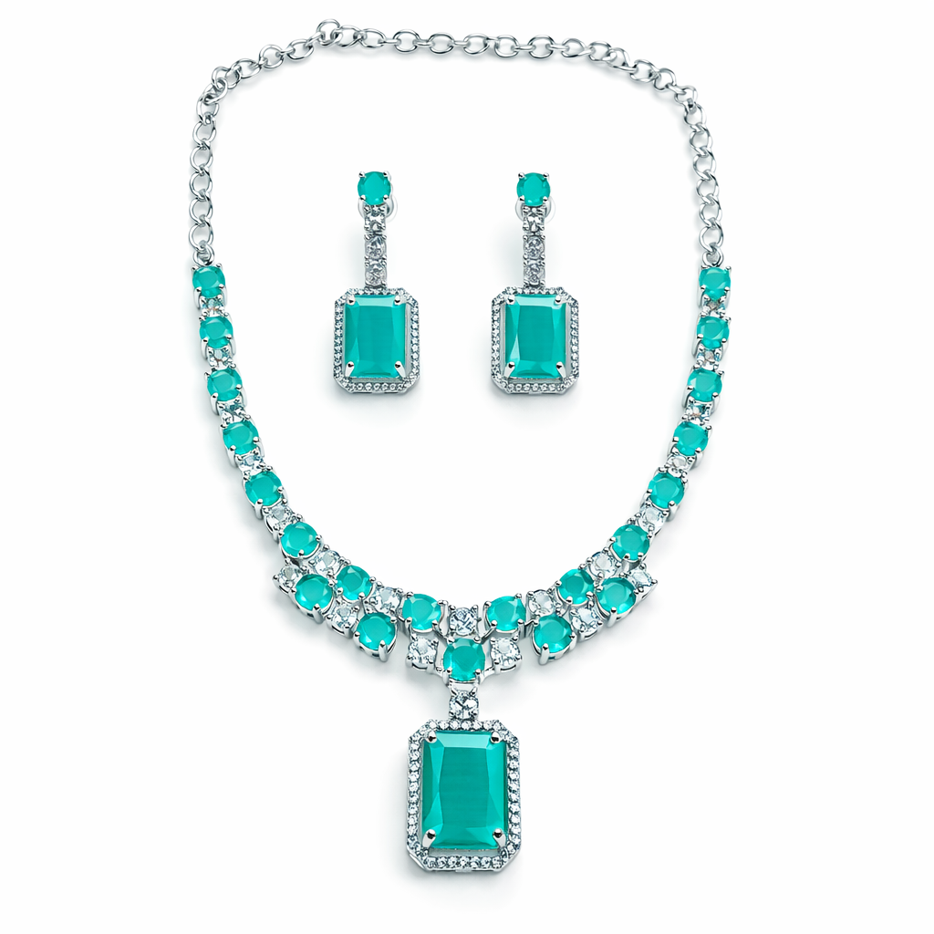 Mint Green Topaz Cubic Zirconia American Diamond Silver Plated Necklace Set