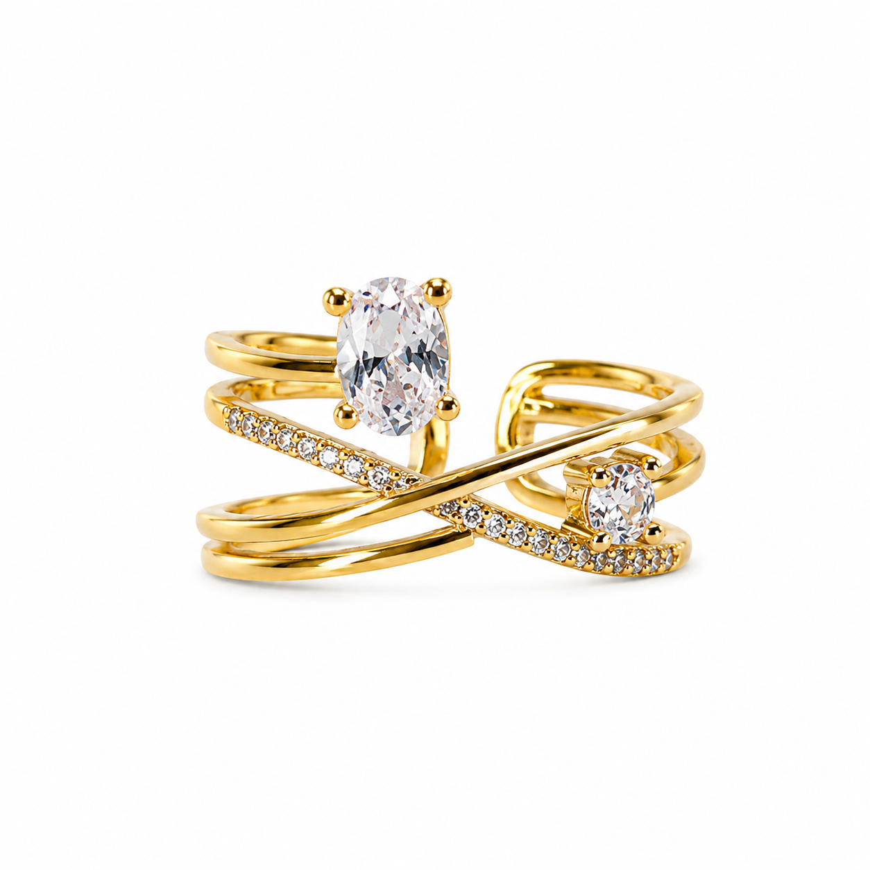 Solitaire Cubic Zirconia American Diamond Gold Plated Adjustable Ring