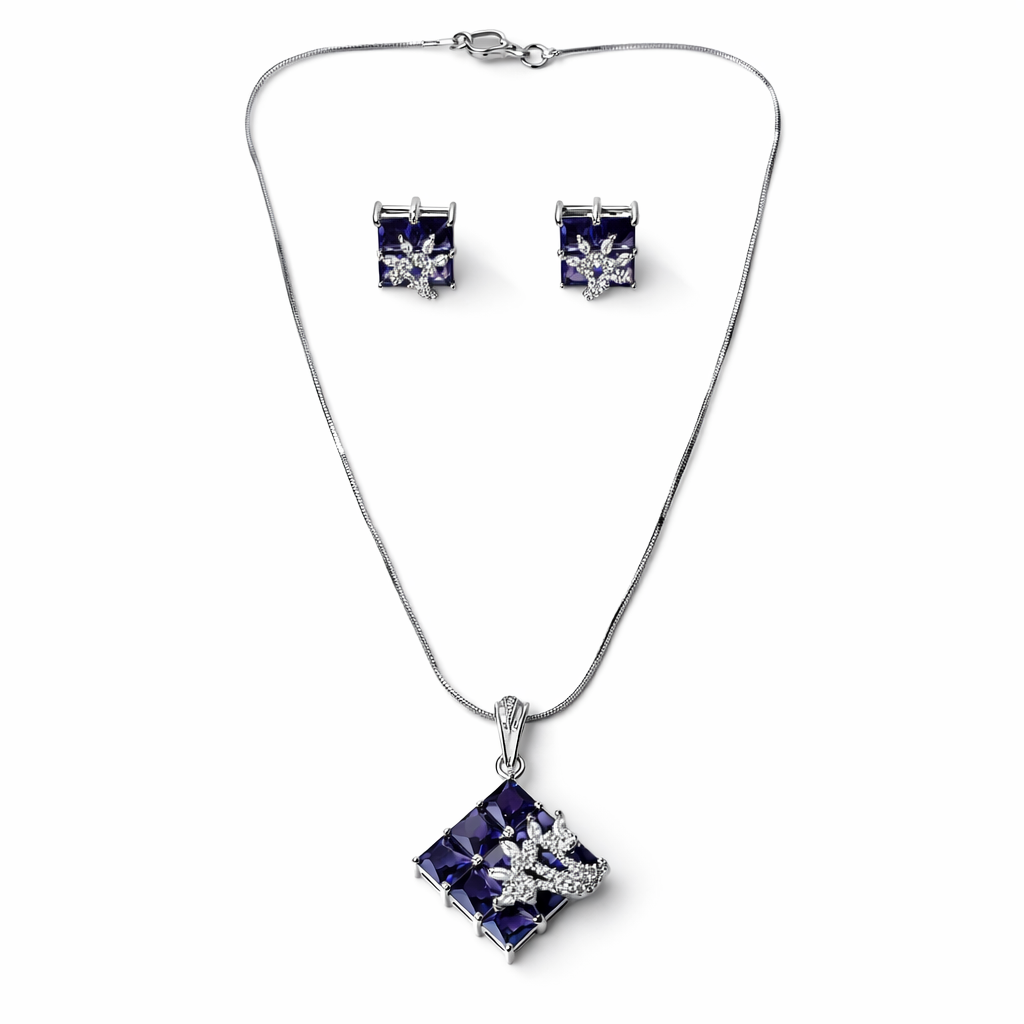 Purple Amethyst Cubic Zirconia American Diamond Silver Plated Pendant Set