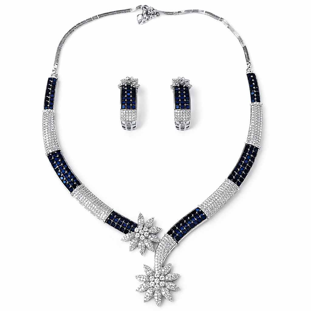 Blue Sapphire Cubic Zirconia American Diamond Silver Plated Necklace Set