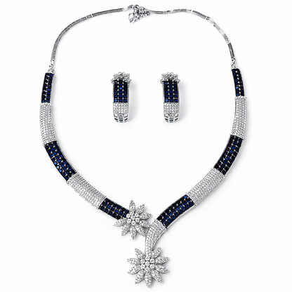 Blue Sapphire Cubic Zirconia American Diamond Silver Plated Necklace Set