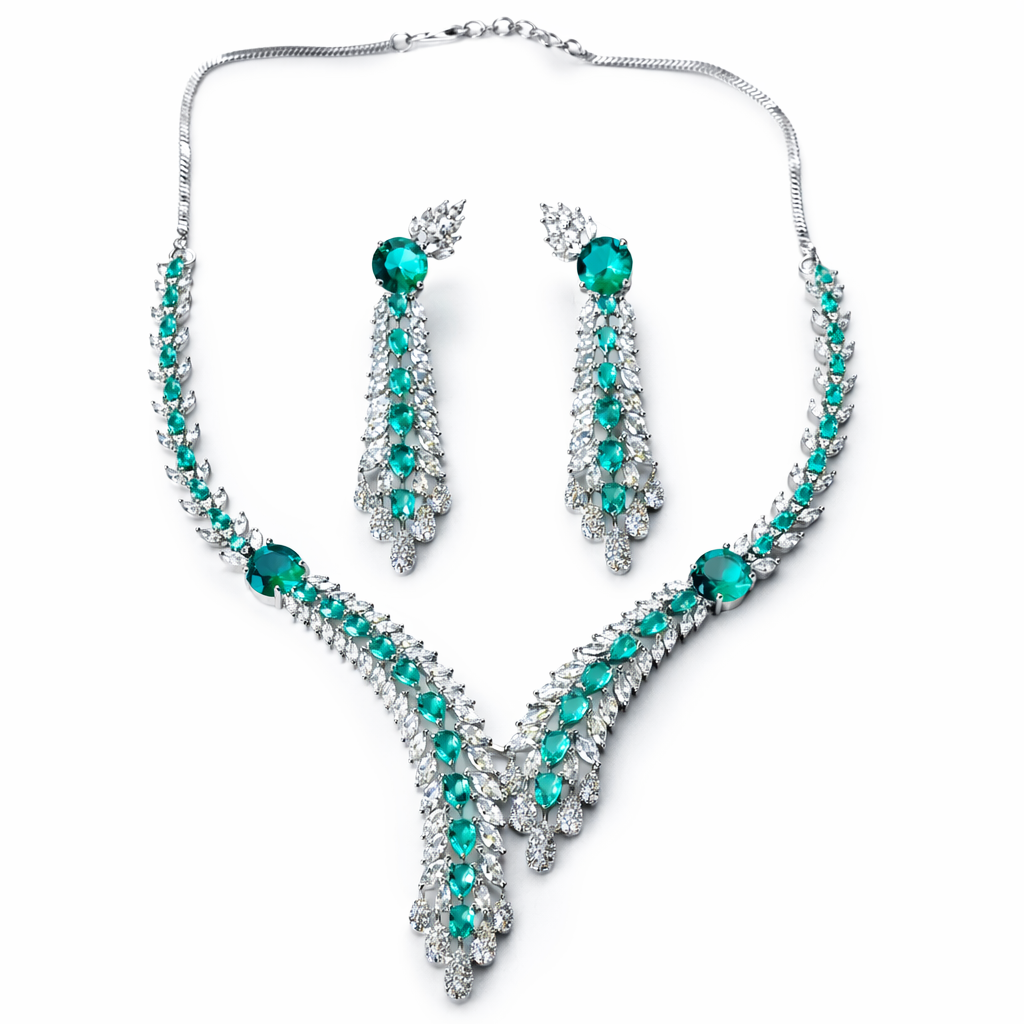 Sea Green Topaz Cubic Zirconia American Diamond Silver Plated Necklace Set