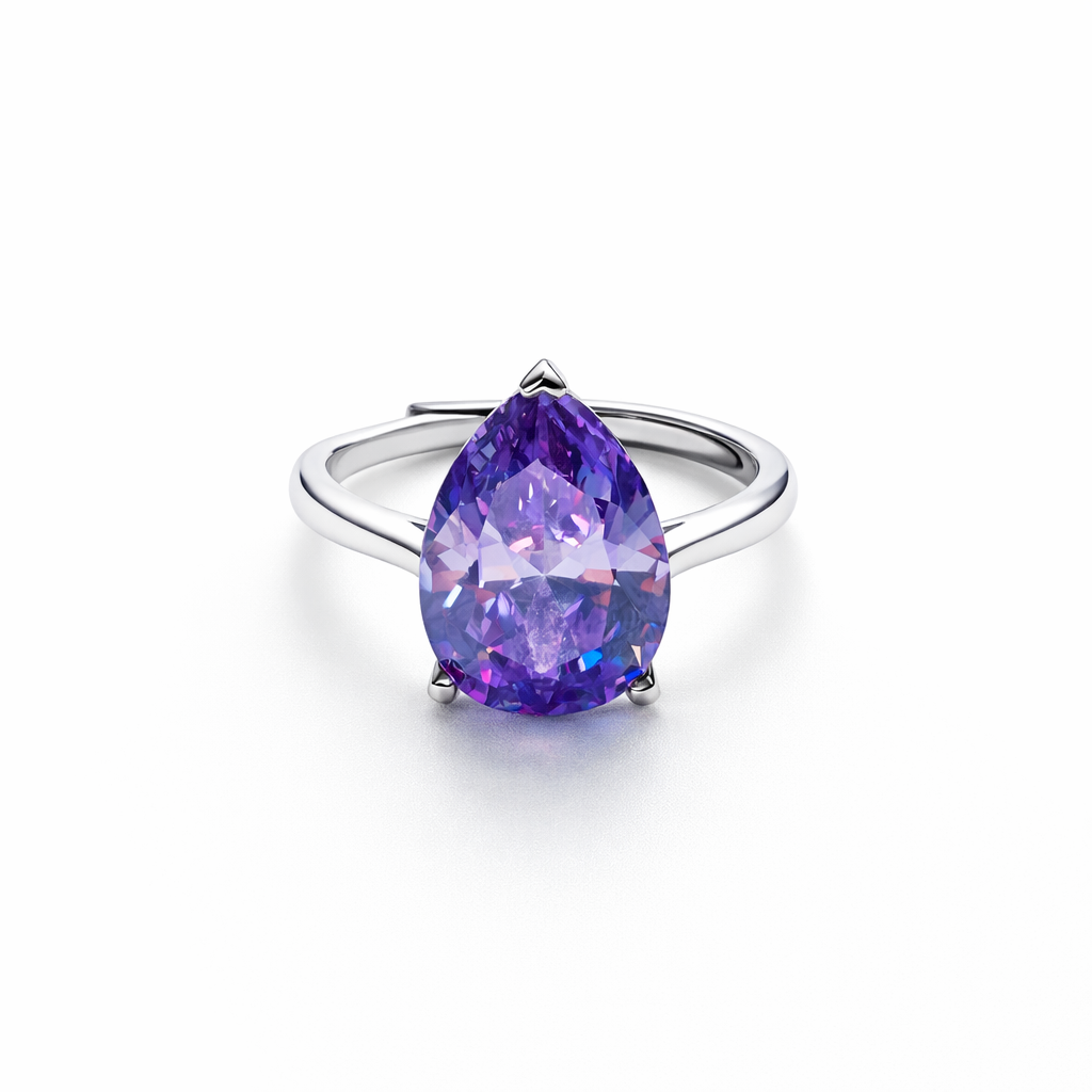 Light Purple Amethyst Cubic Zirconia Ice Cut American Diamond Silver Plated Adjustable Ring