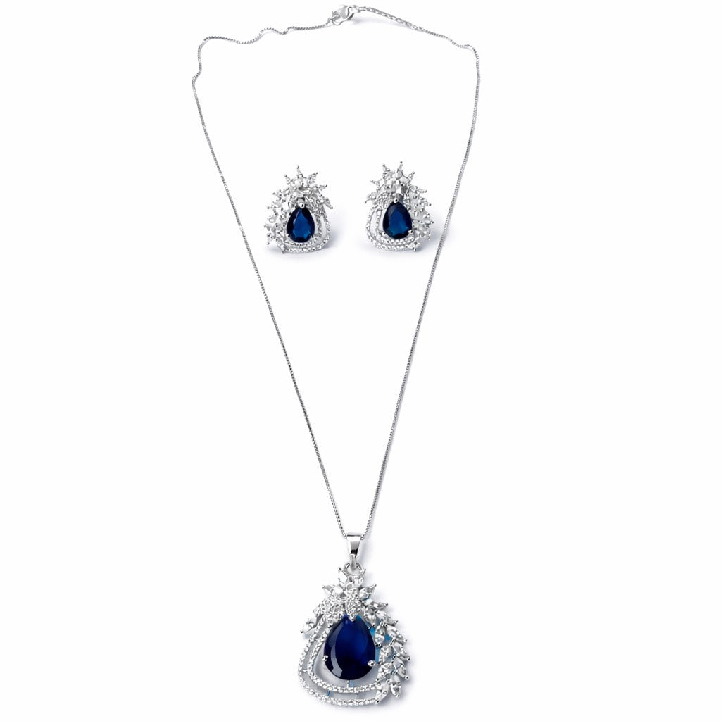Blue Sapphire Cubic Zirconia American Diamond Silver Plated Pendant Set
