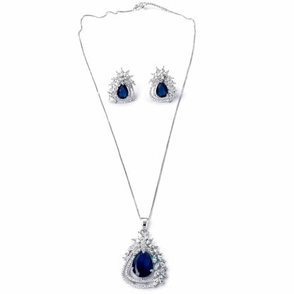Blue Sapphire Cubic Zirconia American Diamond Silver Plated Pendant Set