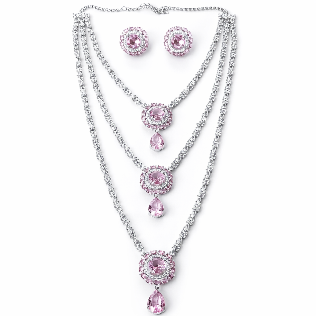 Pink Topaz Cubic Zirconia American Diamond Silver Plated Necklace Set