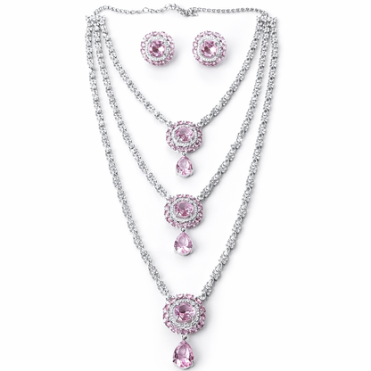 Pink Topaz Cubic Zirconia American Diamond Silver Plated Necklace Set