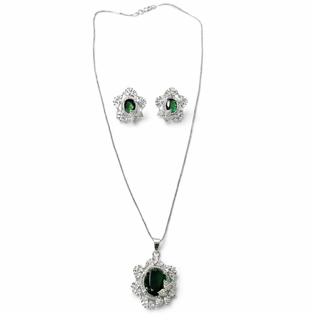 Green Emerald Cubic Zirconia American Diamond Silver Plated Pendant Set