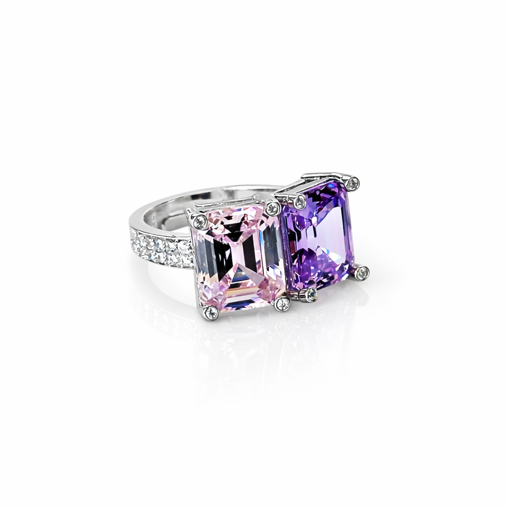 Pink Topaz & Light Purple Amethyst Cubic Zirconia Ice Cut American Diamond Silver Plated Adjustable Ring