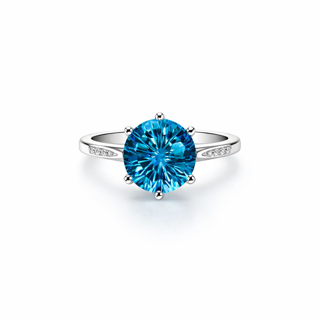 Aqua Blue Sapphire Cubic Zirconia Ice Cut American Diamond Silver Plated Adjustable Ring