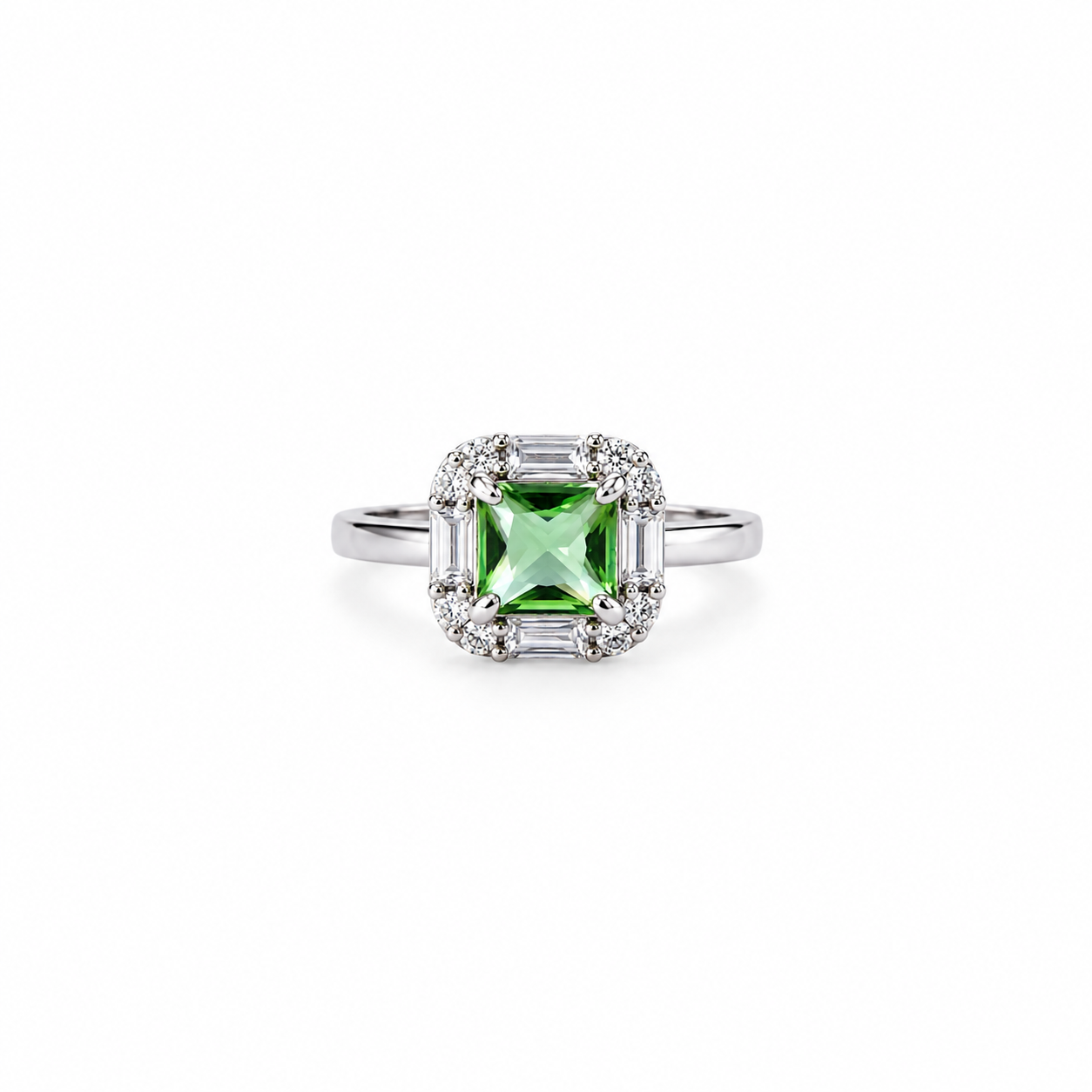Olive Green Cubic Zirconia Ice Cut American Diamond Silver Plated Adjustable Ring