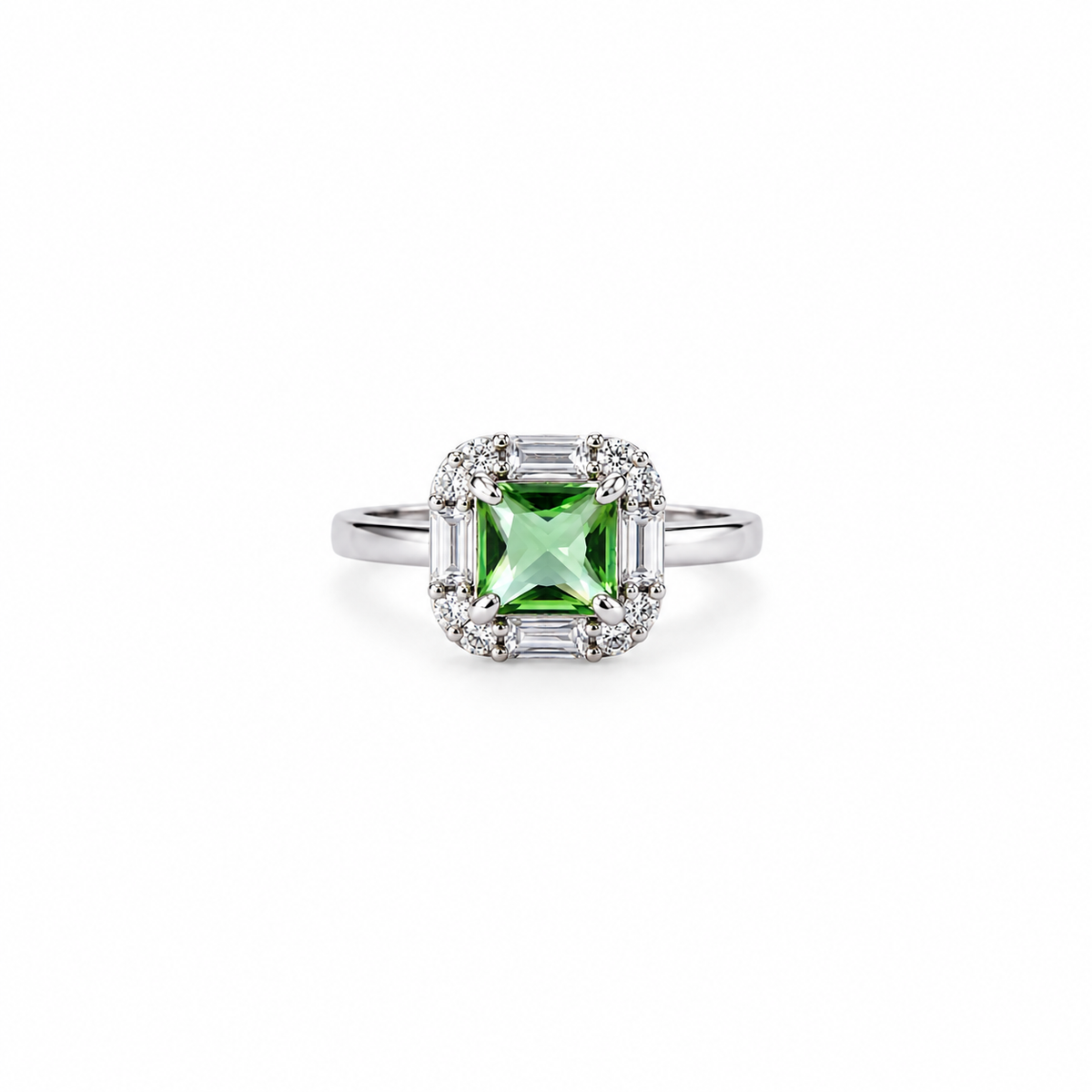 Olive Green Cubic Zirconia Ice Cut American Diamond Silver Plated Adjustable Ring