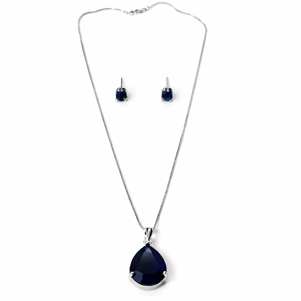 Blue Sapphire Cubic Zirconia American Diamond Silver Plated Pendant Set