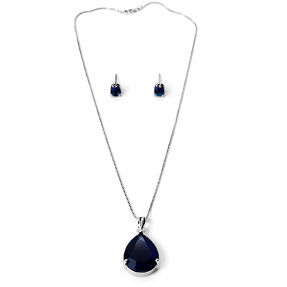 Blue Sapphire Cubic Zirconia American Diamond Silver Plated Pendant Set