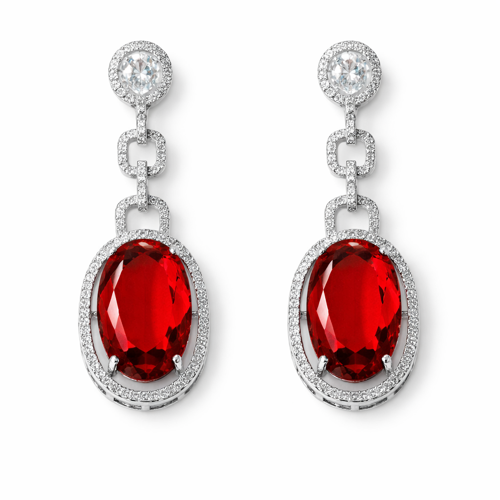 Red Ruby Cubic Zirconia American Diamond Silver Plated Earrings