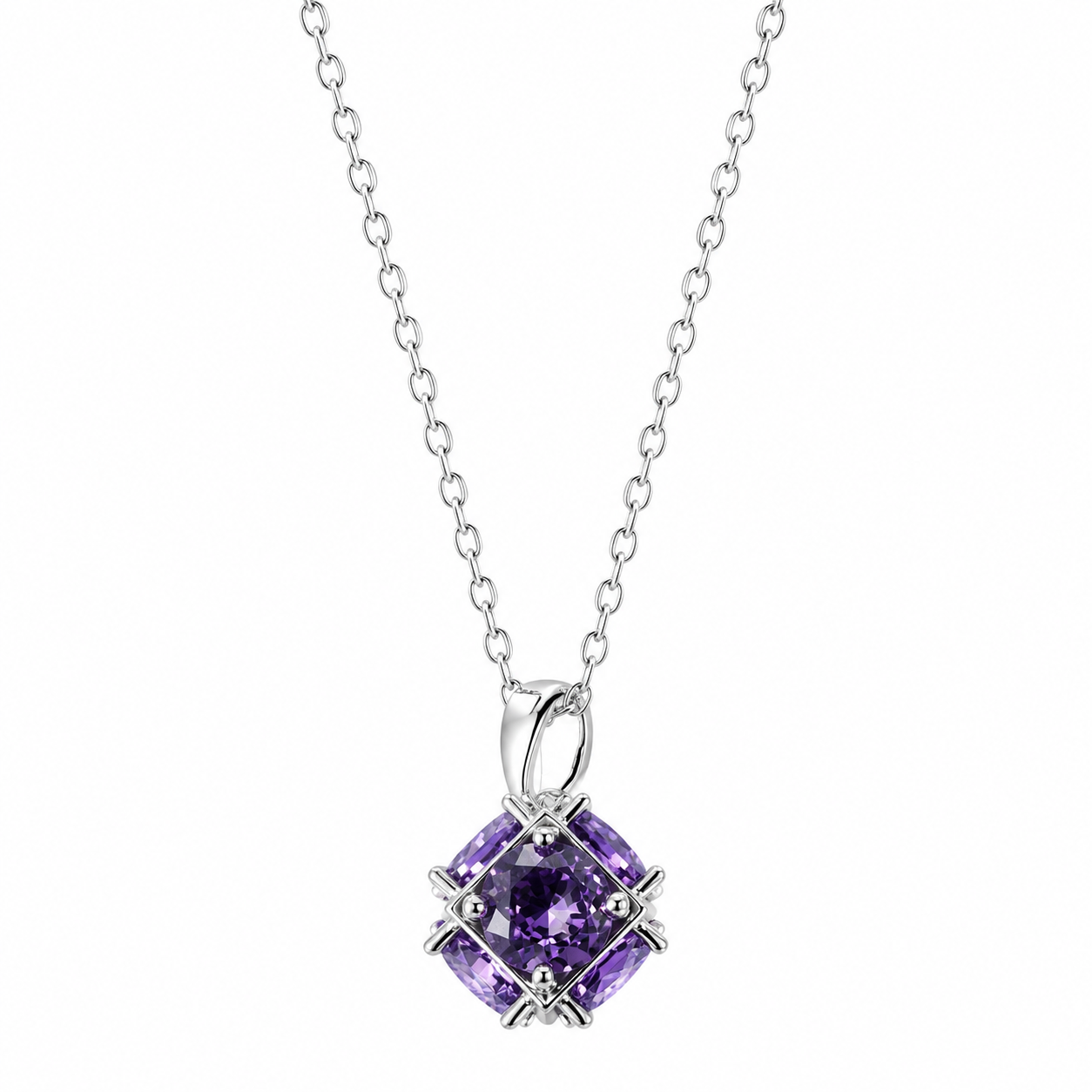 Purple Amethyst Cubic Zirconia American Diamond Silver Plated Stainless Steel Necklace