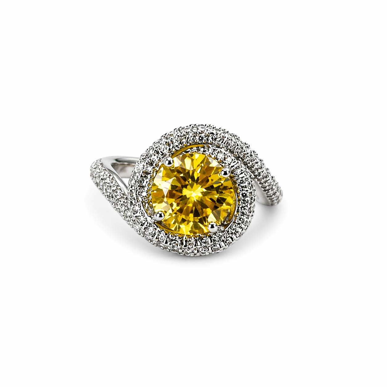 Yellow Topaz Cubic Zirconia Ice Cut American Diamond Silver Plated Adjustable Ring