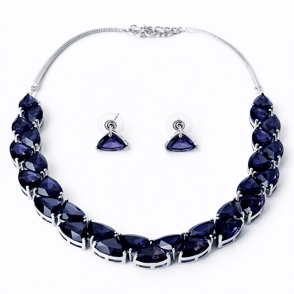Purple Amethyst Cubic Zirconia American Diamond Silver Plated Necklace Set