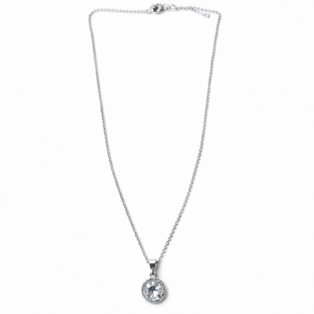 Solitaire American Diamond Silver Plated Anti-Tarnish Necklace
