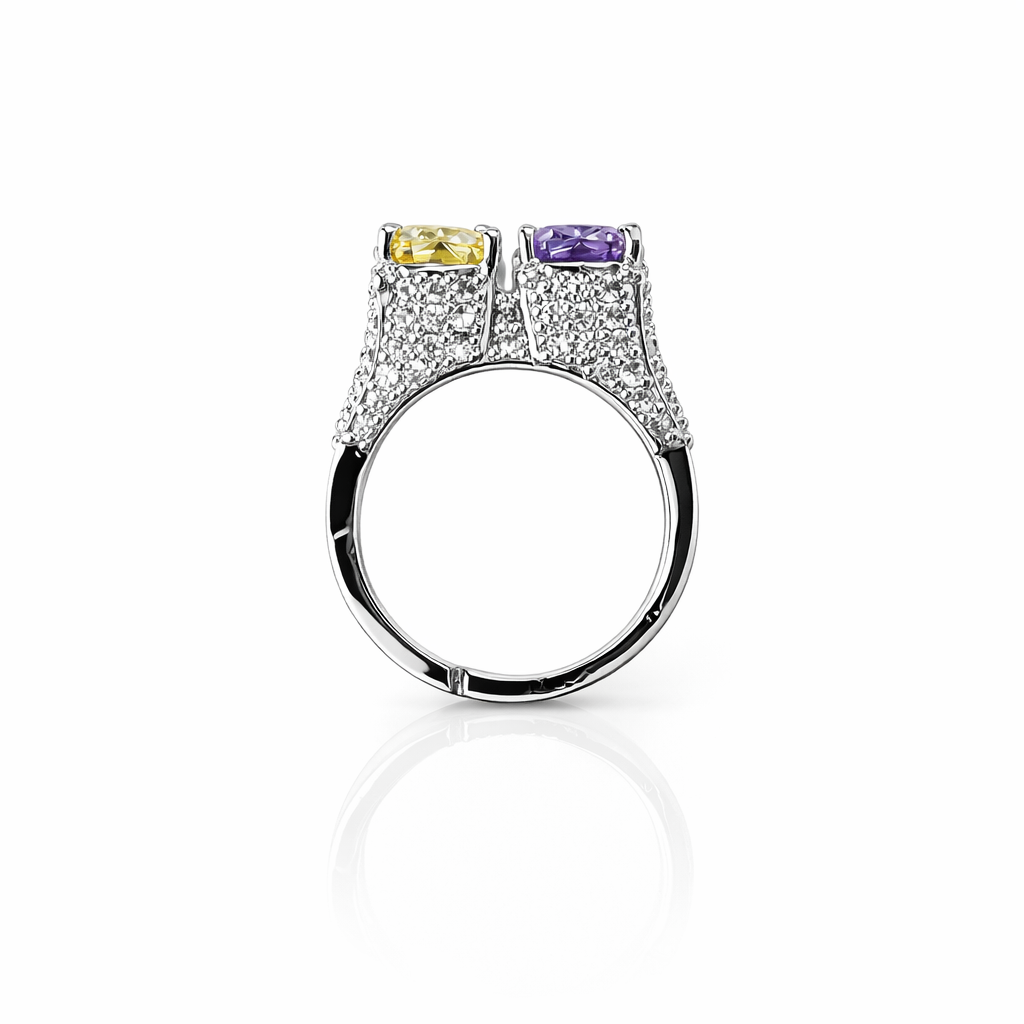 Yellow Topaz & Light Purple Amethyst Cubic Zirconia Ice Cut American Diamond Silver Plated Adjustable Ring