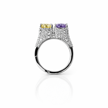 Yellow Topaz & Light Purple Amethyst Cubic Zirconia Ice Cut American Diamond Silver Plated Adjustable Ring