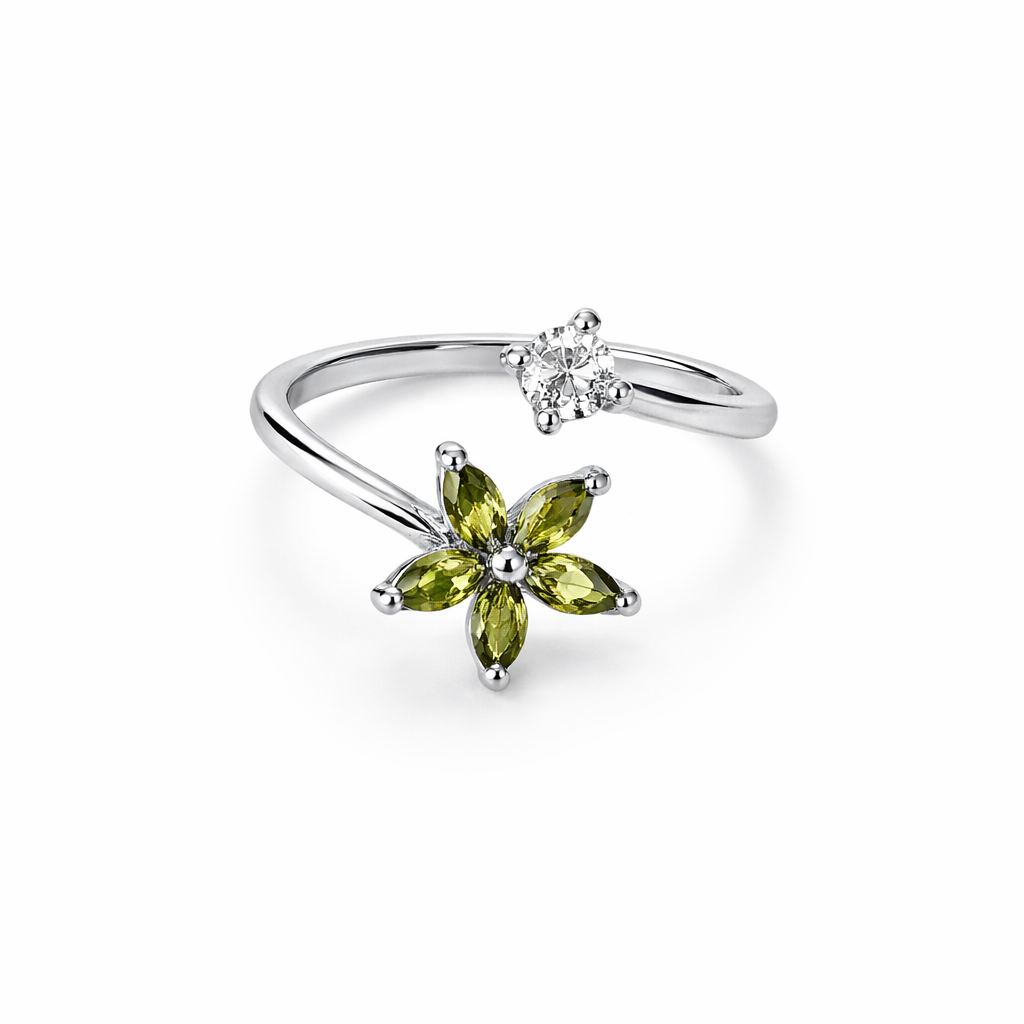 Olive Green Cubic Zirconia American Diamond Silver Plated Adjustable Ring
