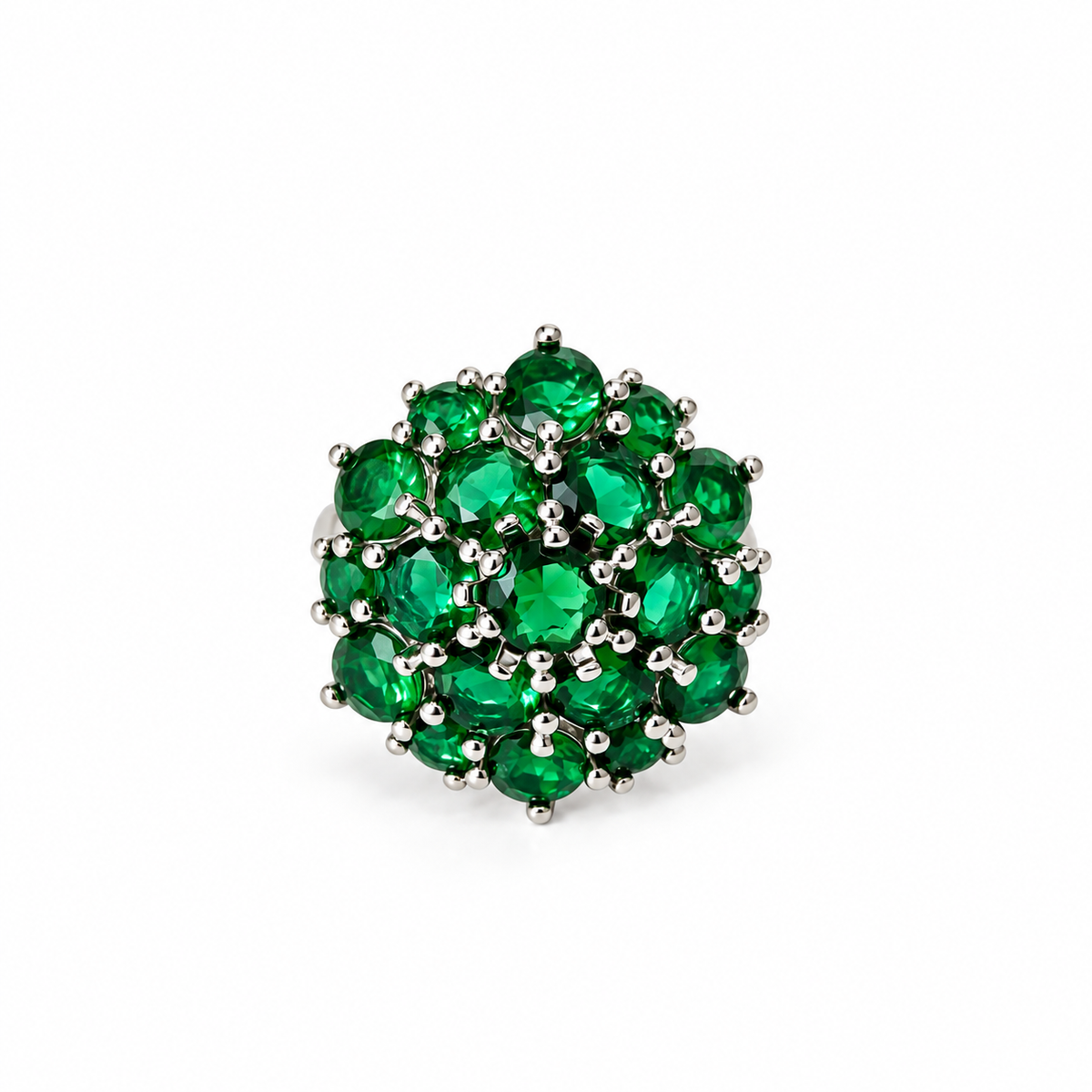 Green Emerald Cubic Zirconia Ice Cut American Diamond Silver Plated Adjustable Ring