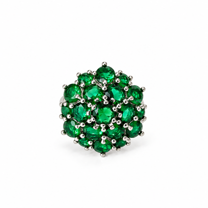 Green Emerald Cubic Zirconia Ice Cut American Diamond Silver Plated Adjustable Ring