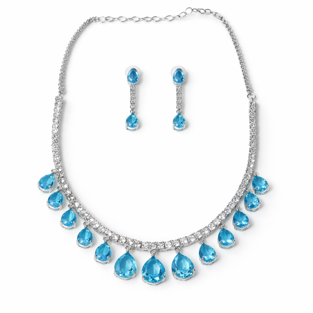 Aqua Blue Sapphire Cubic Zirconia American Diamond Silver Plated Necklace Set