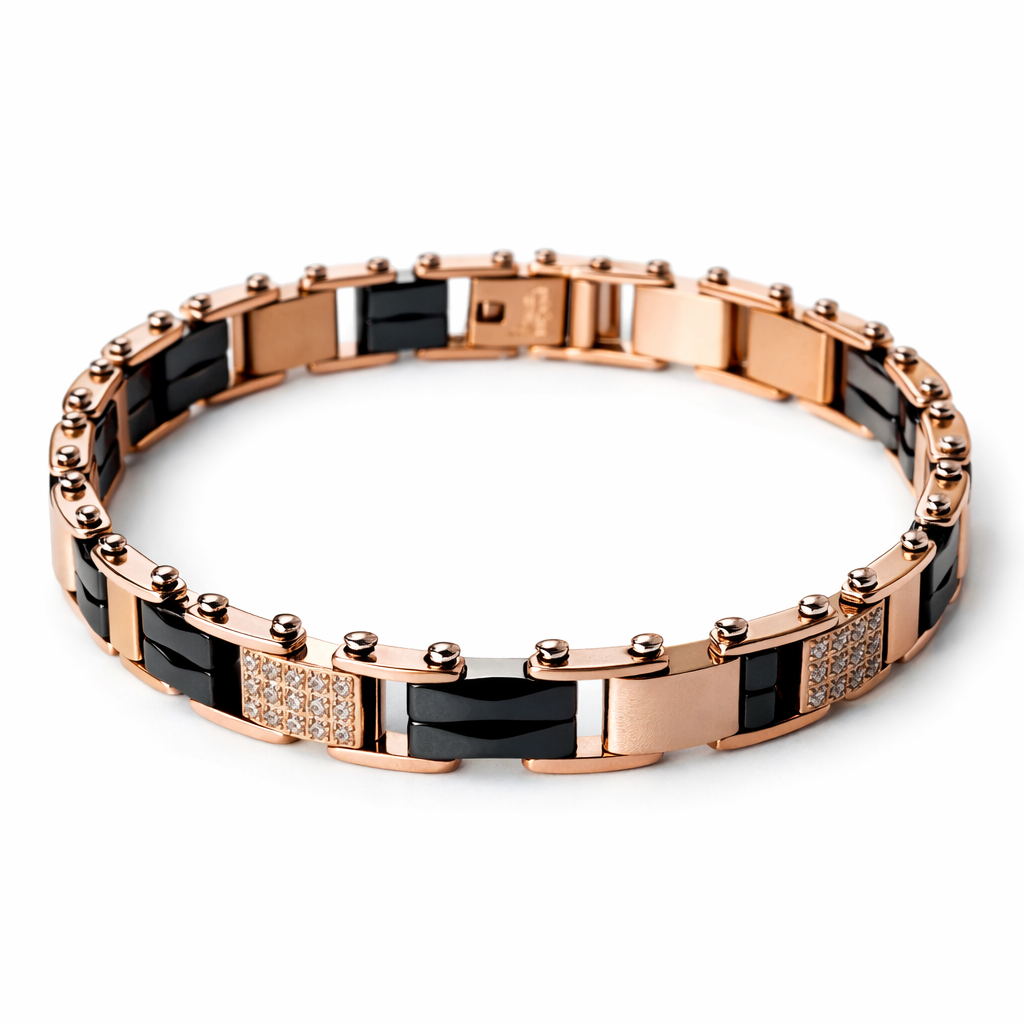 Black & Rose Gold Cubic Zirconia American Diamond Ceramic Stainless Steel Bracelet