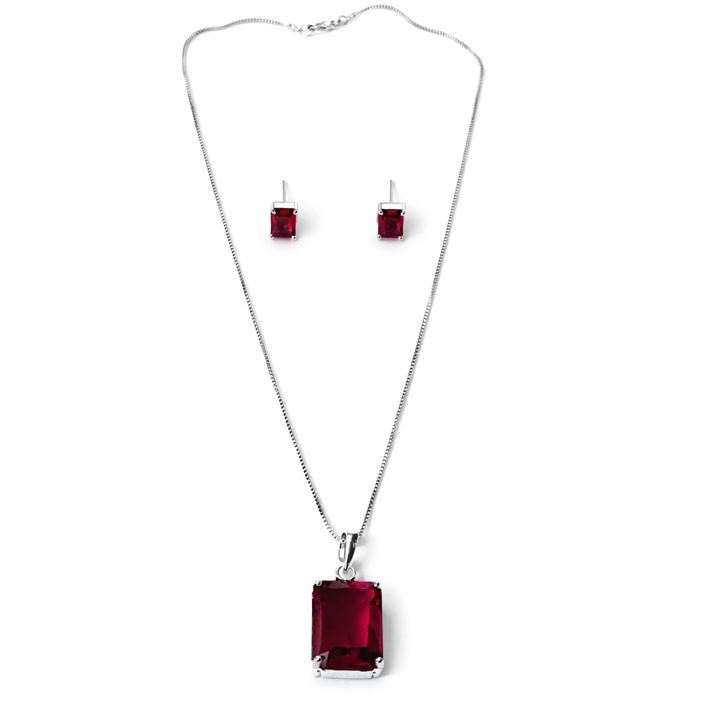 Red Ruby Cubic Zirconia American Diamond Silver Plated Pendant Set
