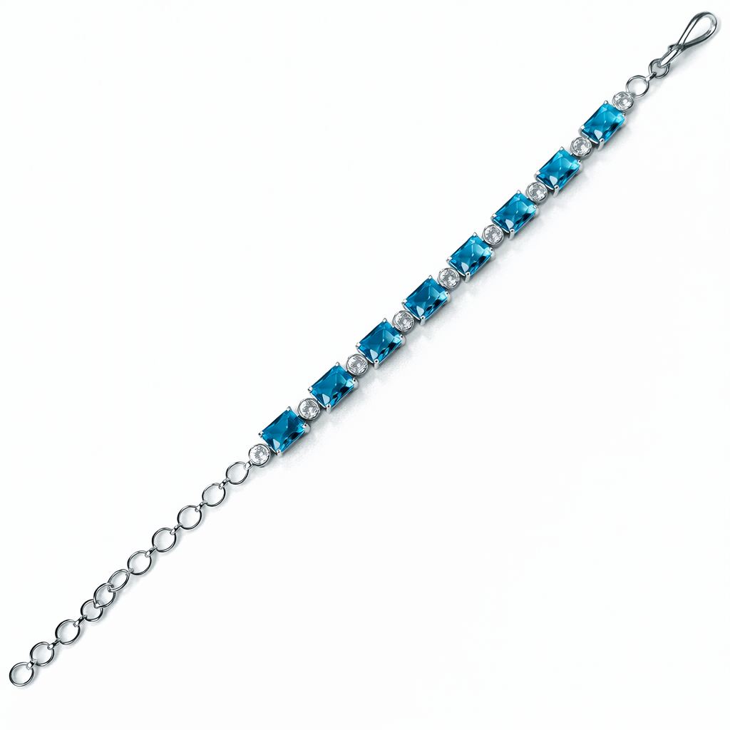 Aqua Blue Sapphire Cubic Zirconia American Diamond Silver Plated Bracelet