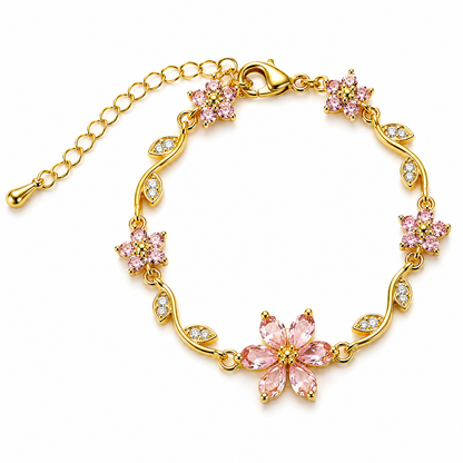 Pink Topaz Cubic Zirconia Flower Design American Diamond Gold Plated Stainless Steel Bracelet