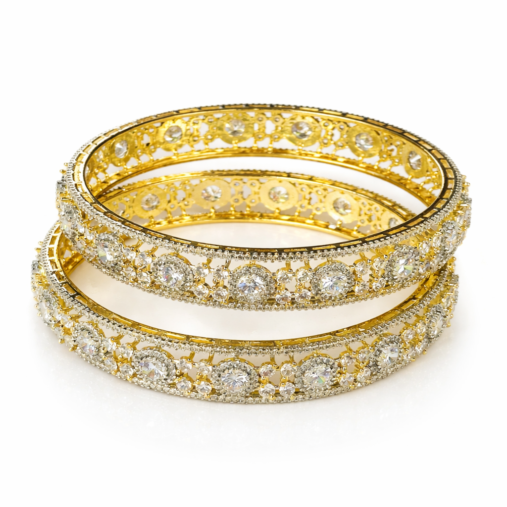 Solitaire Cubic Zirconia American Diamond Gold Plated Bangles, Set of 2