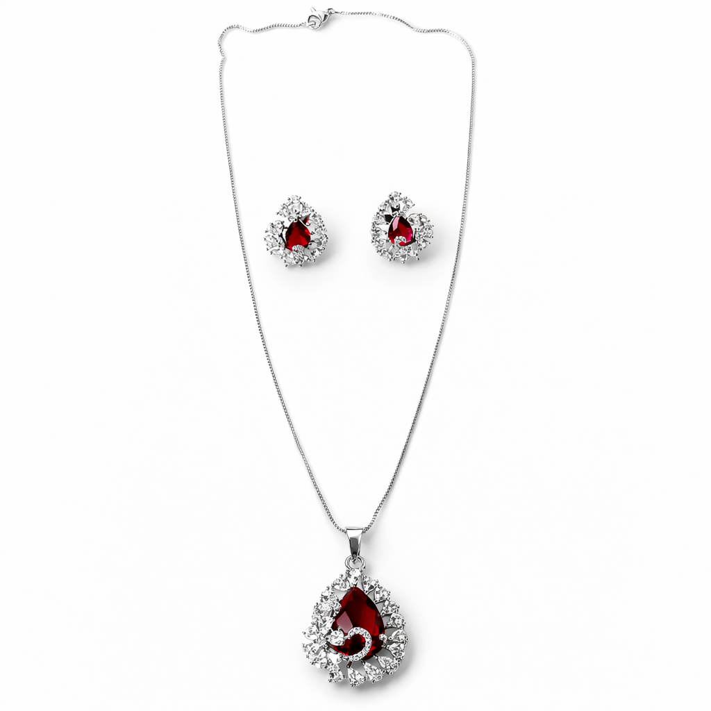 Red Ruby Cubic Zirconia American Diamond Silver Plated Pendant Set