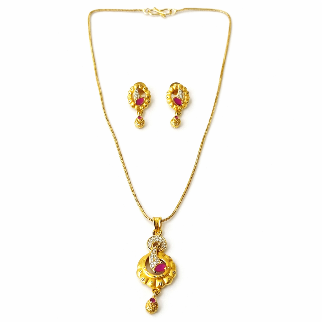 Red Ruby & Solitaire Cubic Zirconia American Diamond 1 Micron Gold Plated Pendant Set